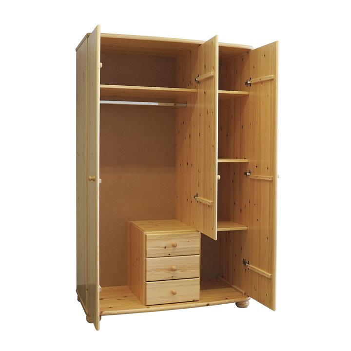 Claudia Hotel Wardrobe | 3-door | Shelves | 3 drawers | 100% organic pine solid wood