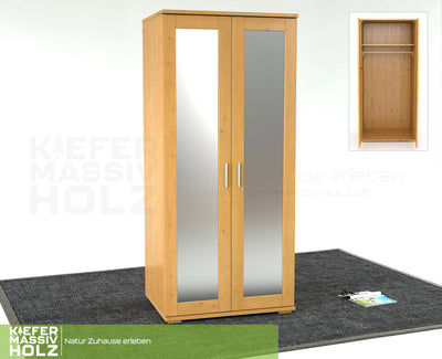 Nobis Spiegeltürenschrank | Kleiderschrank | mit Kleiderstange | 100% Bio Kiefer Massivholz