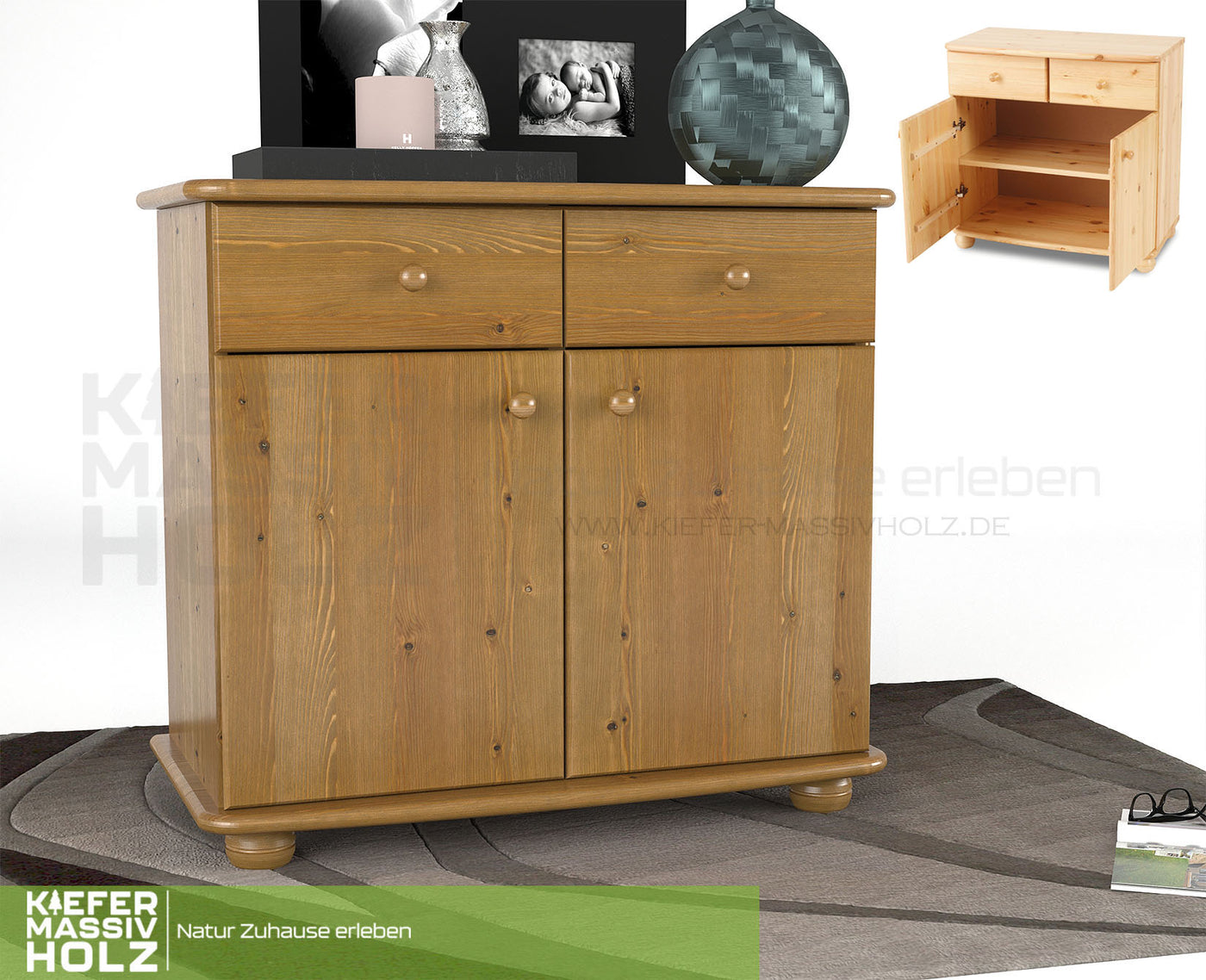 Claudia Kommode Sideboard | Anrichte | 2-Türig | 2-Schubladen | 100% Bio Kiefer Massivholz