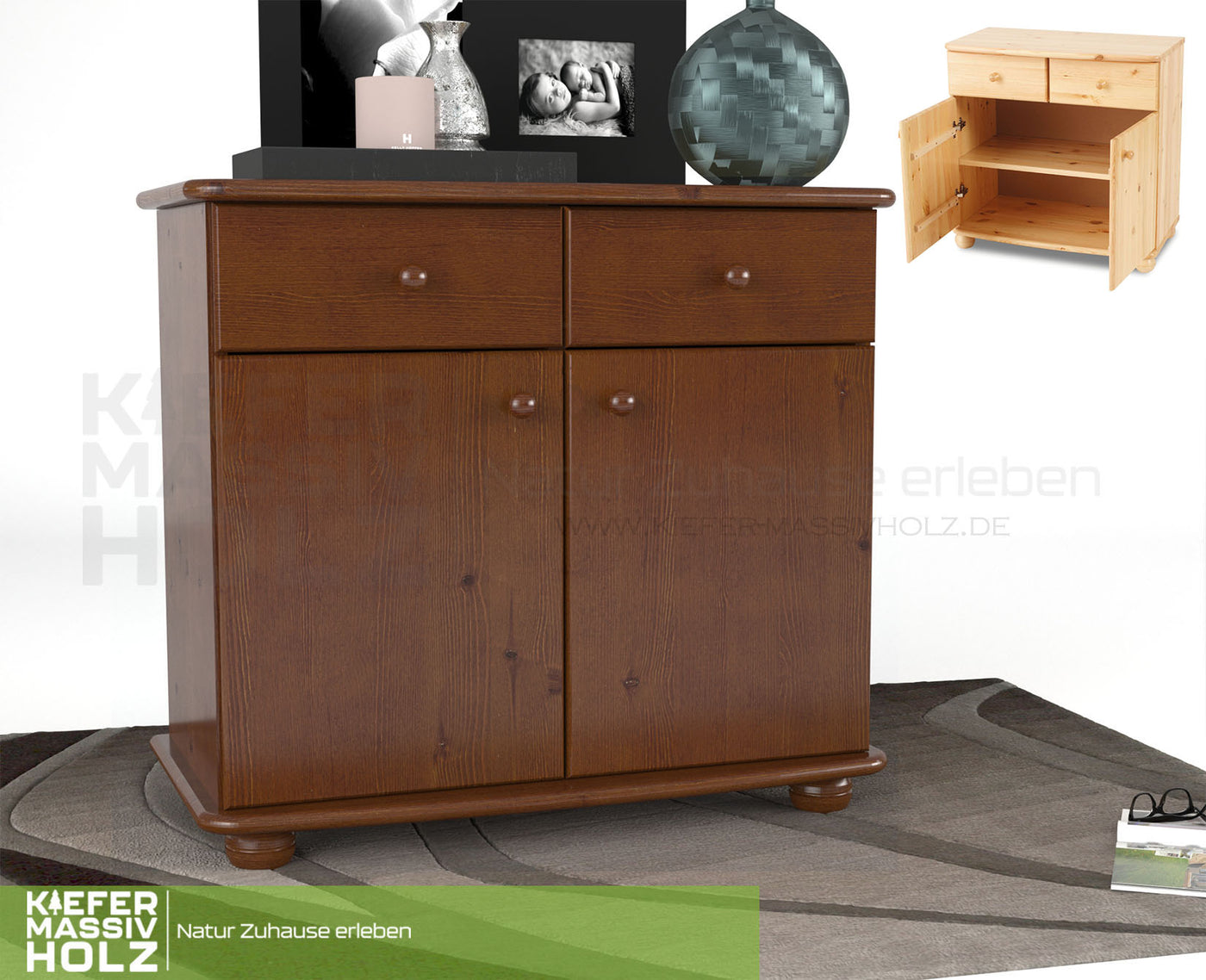 Claudia Kommode Sideboard | Anrichte | 2-Türig | 2-Schubladen | 100% Bio Kiefer Massivholz