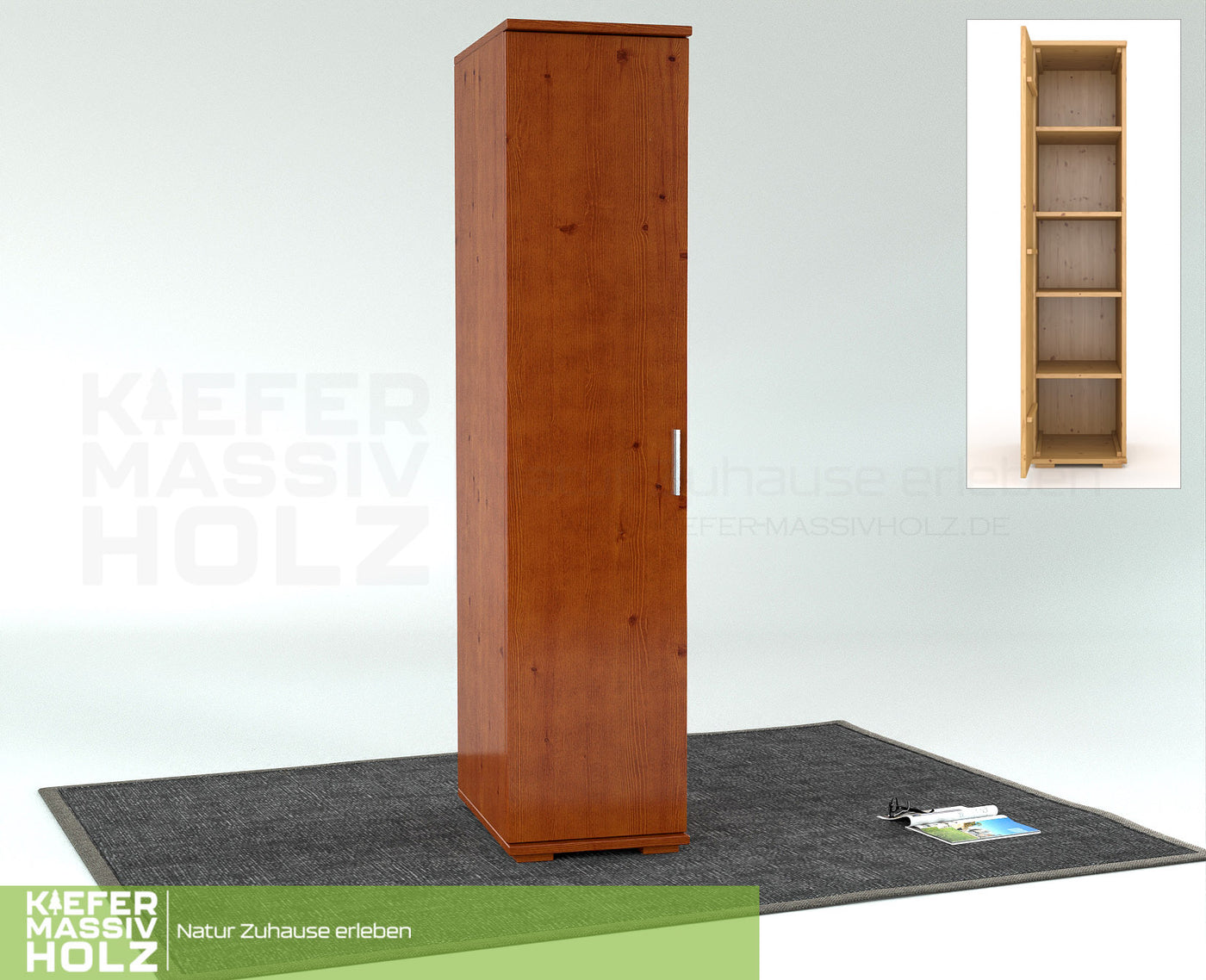 Nobis Kleiderschrank | 42 cm Tiefe 1-Türig mit Regale | 100% Bio Kiefer Massivholz